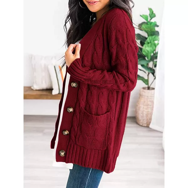 imagePRETTYGARDEN Womens Open Front Cardigan Sweaters Fashion Button Down Cable Knit Chunky Outwear CoatsWine Red