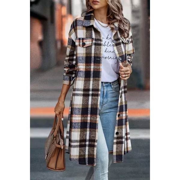imagePRETTYGARDEN Womens Plaid Shacket 2024 Long Sleeve Button Up Flannel Shirt Winter Tartan Jacket Woolen CoatsBrown
