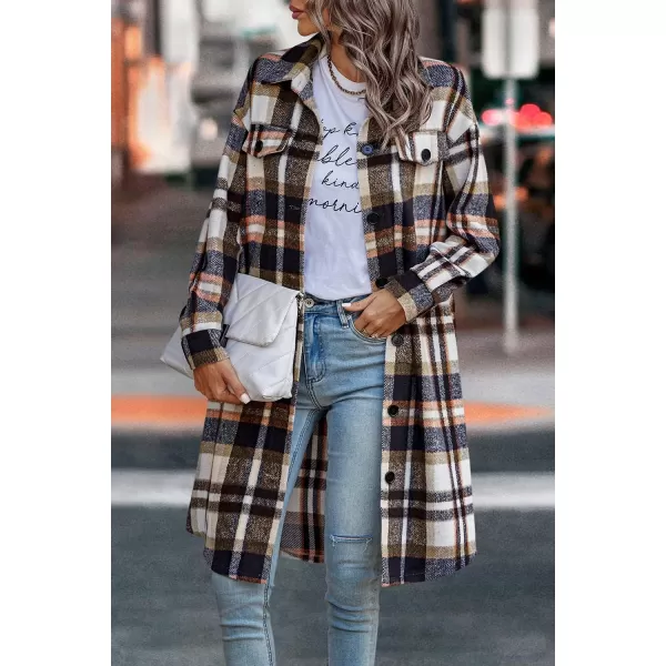 imagePRETTYGARDEN Womens Plaid Shacket 2024 Long Sleeve Button Up Flannel Shirt Winter Tartan Jacket Woolen CoatsBrown