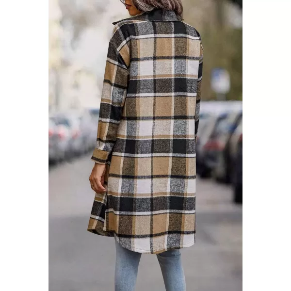 imagePRETTYGARDEN Womens Plaid Shacket 2024 Long Sleeve Button Up Flannel Shirt Winter Tartan Jacket Woolen CoatsKhaki