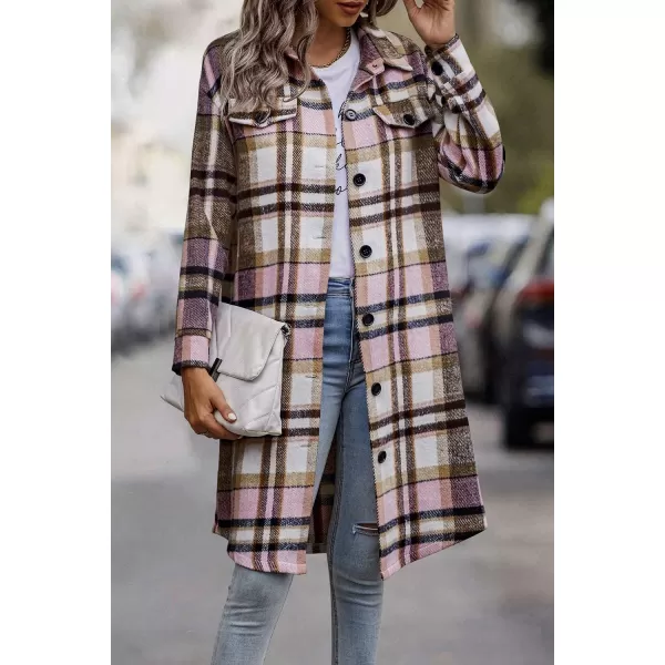 imagePRETTYGARDEN Womens Plaid Shacket 2024 Long Sleeve Button Up Flannel Shirt Winter Tartan Jacket Woolen CoatsPink