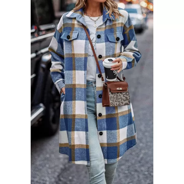 imagePRETTYGARDEN Womens Plaid Shacket 2024 Long Sleeve Button Up Flannel Shirt Winter Tartan Jacket Woolen CoatsPlaid Blue White