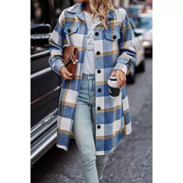 imagePRETTYGARDEN Womens Plaid Shacket 2024 Long Sleeve Button Up Flannel Shirt Winter Tartan Jacket Woolen CoatsPlaid Blue White
