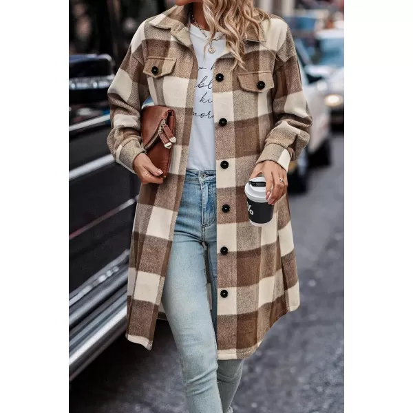 imagePRETTYGARDEN Womens Plaid Shacket 2024 Long Sleeve Button Up Flannel Shirt Winter Tartan Jacket Woolen CoatsPlaid Brown