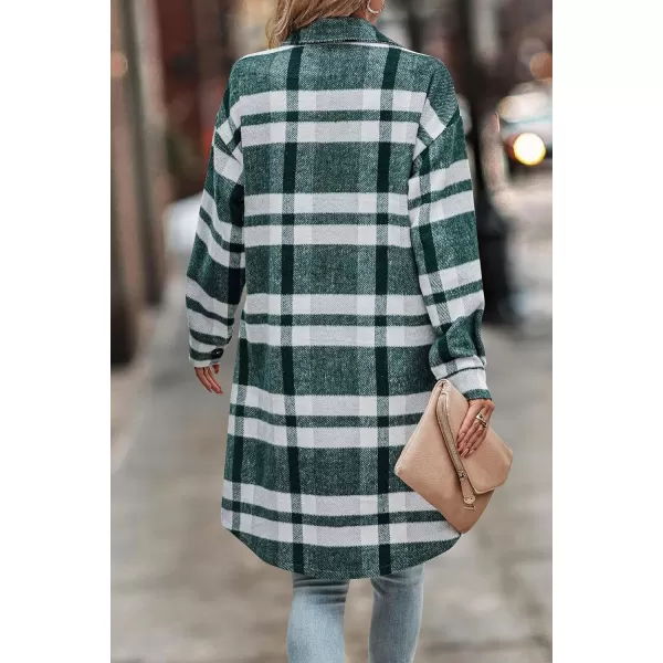 imagePRETTYGARDEN Womens Plaid Shacket 2024 Long Sleeve Button Up Flannel Shirt Winter Tartan Jacket Woolen CoatsPlaid Dark Green