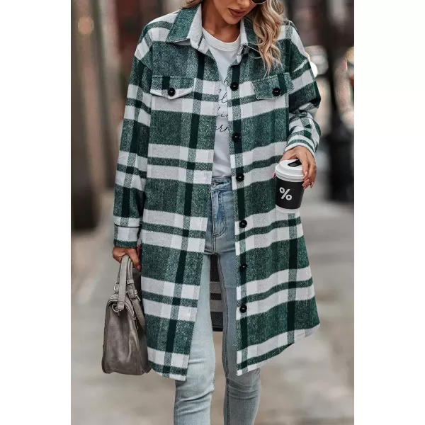 imagePRETTYGARDEN Womens Plaid Shacket 2024 Long Sleeve Button Up Flannel Shirt Winter Tartan Jacket Woolen CoatsPlaid Dark Green