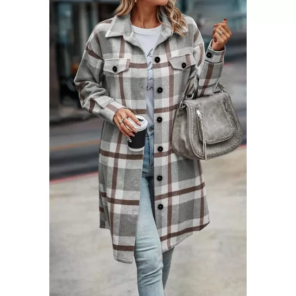 imagePRETTYGARDEN Womens Plaid Shacket 2024 Long Sleeve Button Up Flannel Shirt Winter Tartan Jacket Woolen CoatsPlaid Grey