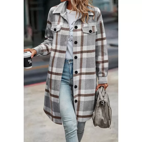 imagePRETTYGARDEN Womens Plaid Shacket 2024 Long Sleeve Button Up Flannel Shirt Winter Tartan Jacket Woolen CoatsPlaid Grey