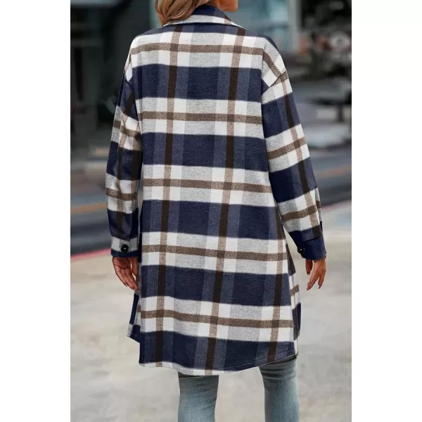 imagePRETTYGARDEN Womens Plaid Shacket 2024 Long Sleeve Button Up Flannel Shirt Winter Tartan Jacket Woolen CoatsPlaid Navy