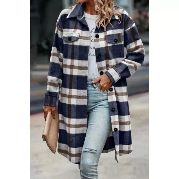 imagePRETTYGARDEN Womens Plaid Shacket 2024 Long Sleeve Button Up Flannel Shirt Winter Tartan Jacket Woolen CoatsPlaid Navy