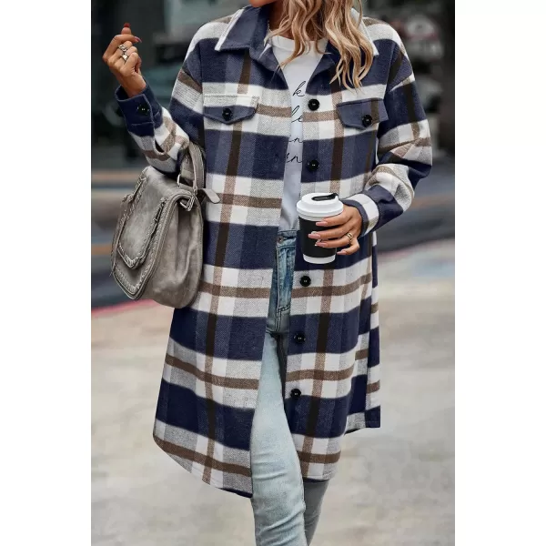 imagePRETTYGARDEN Womens Plaid Shacket 2024 Long Sleeve Button Up Flannel Shirt Winter Tartan Jacket Woolen CoatsPlaid Navy
