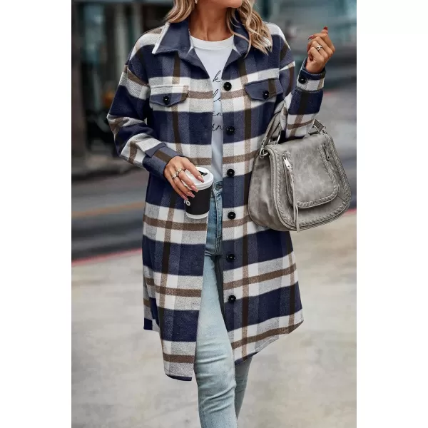 imagePRETTYGARDEN Womens Plaid Shacket 2024 Long Sleeve Button Up Flannel Shirt Winter Tartan Jacket Woolen CoatsPlaid Navy