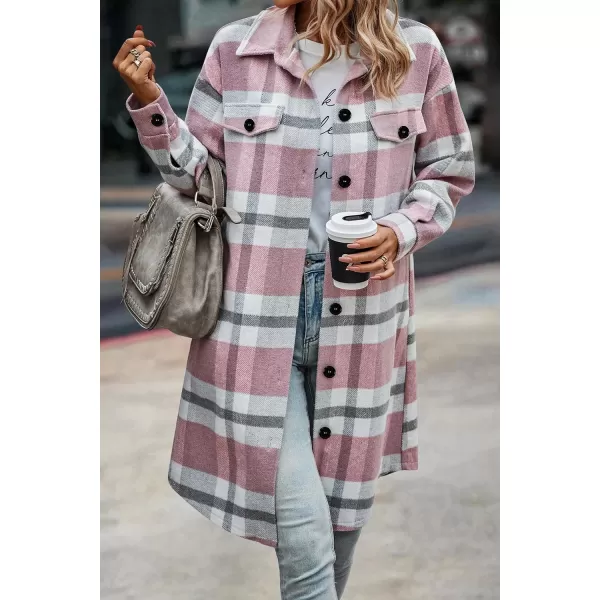 imagePRETTYGARDEN Womens Plaid Shacket 2024 Long Sleeve Button Up Flannel Shirt Winter Tartan Jacket Woolen CoatsPlaid Pink