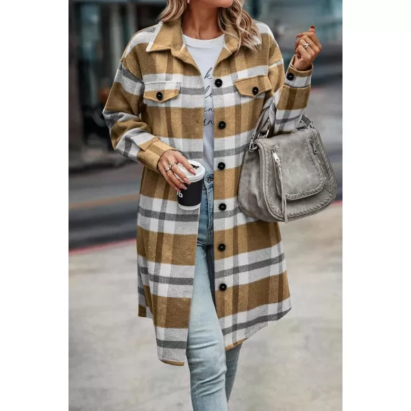 imagePRETTYGARDEN Womens Plaid Shacket 2024 Long Sleeve Button Up Flannel Shirt Winter Tartan Jacket Woolen CoatsPlaid Yellow