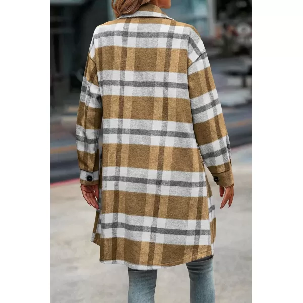 imagePRETTYGARDEN Womens Plaid Shacket 2024 Long Sleeve Button Up Flannel Shirt Winter Tartan Jacket Woolen CoatsPlaid Yellow