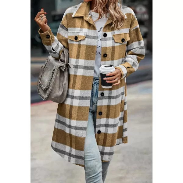 imagePRETTYGARDEN Womens Plaid Shacket 2024 Long Sleeve Button Up Flannel Shirt Winter Tartan Jacket Woolen CoatsPlaid Yellow