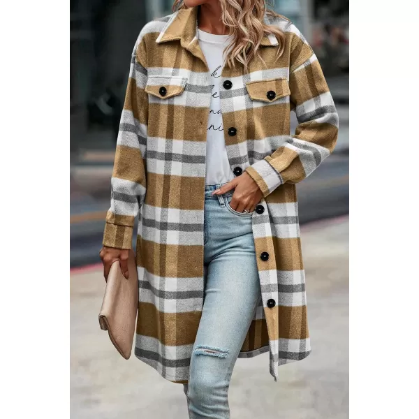 imagePRETTYGARDEN Womens Plaid Shacket 2024 Long Sleeve Button Up Flannel Shirt Winter Tartan Jacket Woolen CoatsPlaid Yellow