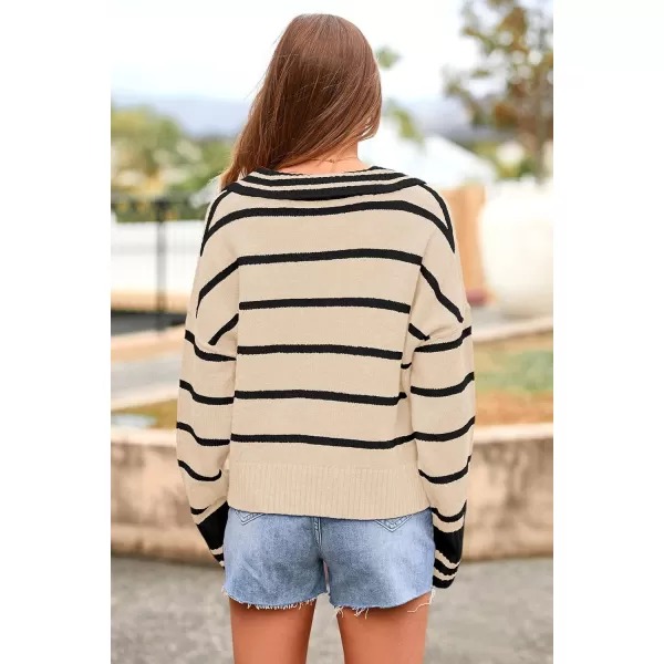 imagePRETTYGARDEN Womens Pullover Striped Sweaters Casual Lapel V Neck Long Sleeve Ribbed Knit Loose Jumper TopBeige