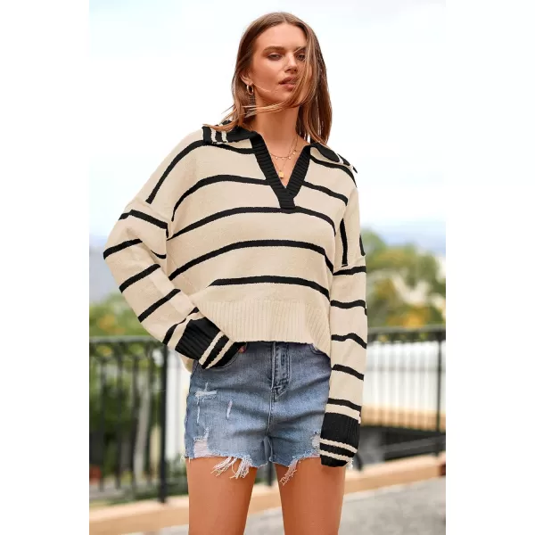 imagePRETTYGARDEN Womens Pullover Striped Sweaters Casual Lapel V Neck Long Sleeve Ribbed Knit Loose Jumper TopBeige