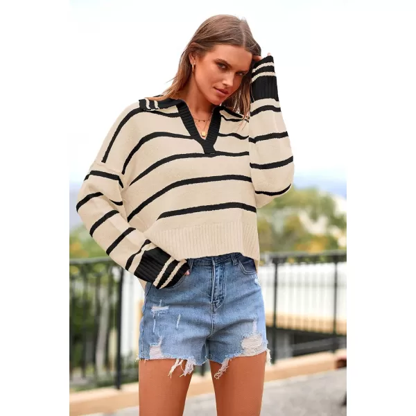 imagePRETTYGARDEN Womens Pullover Striped Sweaters Casual Lapel V Neck Long Sleeve Ribbed Knit Loose Jumper TopBeige