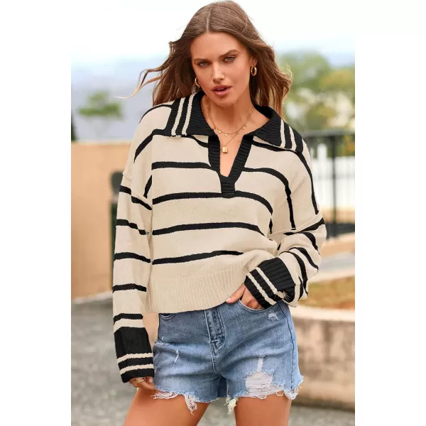 imagePRETTYGARDEN Womens Pullover Striped Sweaters Casual Lapel V Neck Long Sleeve Ribbed Knit Loose Jumper TopBeige
