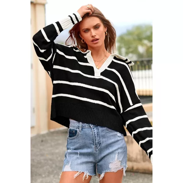 imagePRETTYGARDEN Womens Pullover Striped Sweaters Casual Lapel V Neck Long Sleeve Ribbed Knit Loose Jumper TopBlack