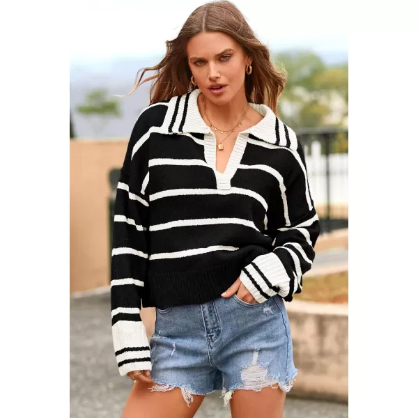 imagePRETTYGARDEN Womens Pullover Striped Sweaters Casual Lapel V Neck Long Sleeve Ribbed Knit Loose Jumper TopBlack