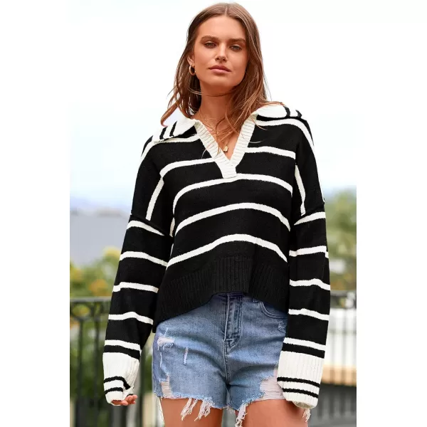 imagePRETTYGARDEN Womens Pullover Striped Sweaters Casual Lapel V Neck Long Sleeve Ribbed Knit Loose Jumper TopBlack