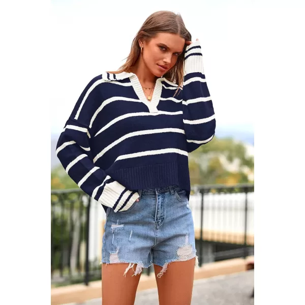 imagePRETTYGARDEN Womens Pullover Striped Sweaters Casual Lapel V Neck Long Sleeve Ribbed Knit Loose Jumper TopDark Blue