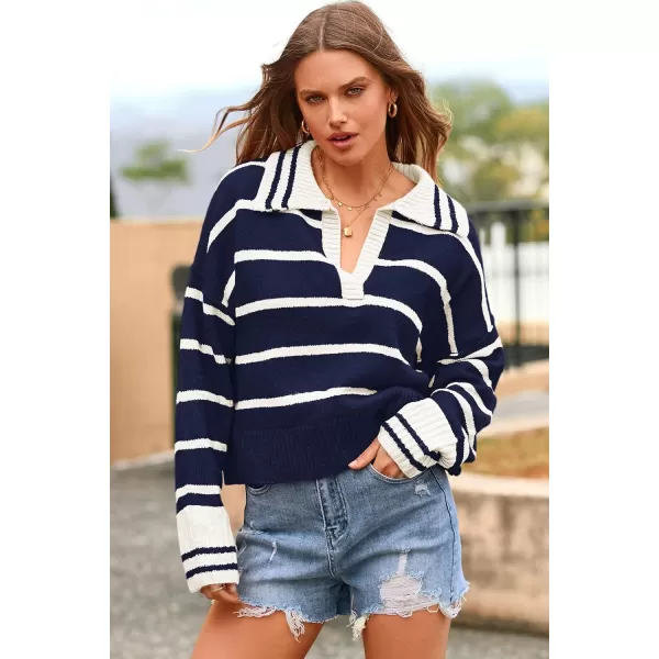 imagePRETTYGARDEN Womens Pullover Striped Sweaters Casual Lapel V Neck Long Sleeve Ribbed Knit Loose Jumper TopDark Blue