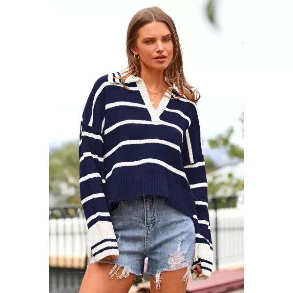 imagePRETTYGARDEN Womens Pullover Striped Sweaters Casual Lapel V Neck Long Sleeve Ribbed Knit Loose Jumper TopDark Blue
