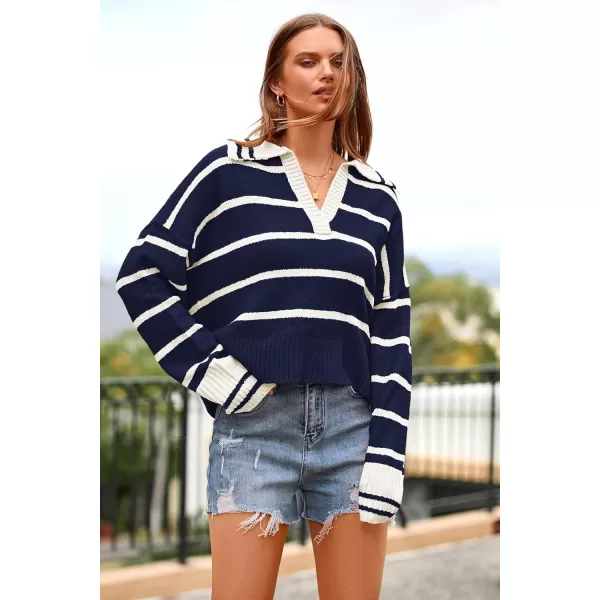 imagePRETTYGARDEN Womens Pullover Striped Sweaters Casual Lapel V Neck Long Sleeve Ribbed Knit Loose Jumper TopDark Blue