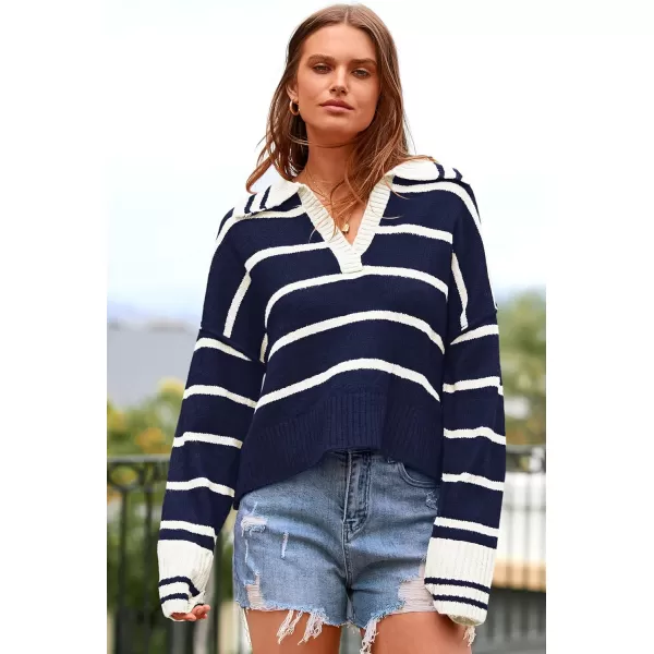 imagePRETTYGARDEN Womens Pullover Striped Sweaters Casual Lapel V Neck Long Sleeve Ribbed Knit Loose Jumper TopDark Blue