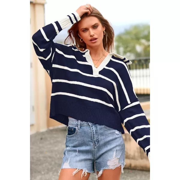 imagePRETTYGARDEN Womens Pullover Striped Sweaters Casual Lapel V Neck Long Sleeve Ribbed Knit Loose Jumper TopDark Blue