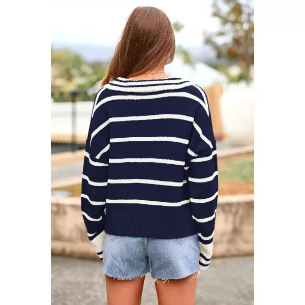 imagePRETTYGARDEN Womens Pullover Striped Sweaters Casual Lapel V Neck Long Sleeve Ribbed Knit Loose Jumper TopDark Blue