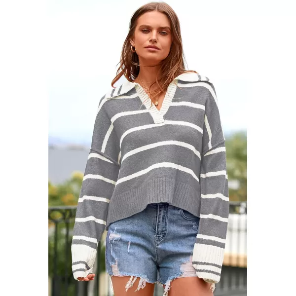 imagePRETTYGARDEN Womens Pullover Striped Sweaters Casual Lapel V Neck Long Sleeve Ribbed Knit Loose Jumper TopGrey