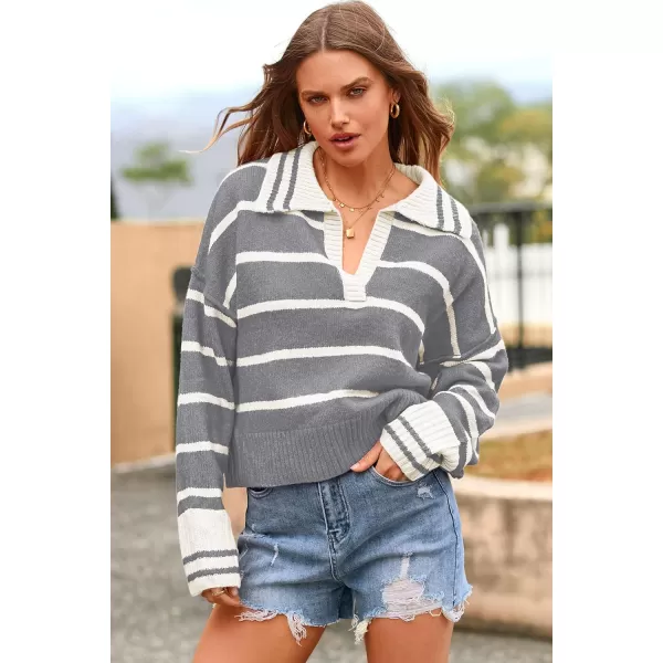imagePRETTYGARDEN Womens Pullover Striped Sweaters Casual Lapel V Neck Long Sleeve Ribbed Knit Loose Jumper TopGrey