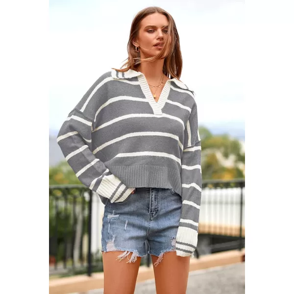 imagePRETTYGARDEN Womens Pullover Striped Sweaters Casual Lapel V Neck Long Sleeve Ribbed Knit Loose Jumper TopGrey