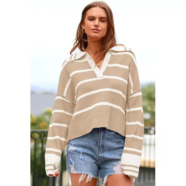 imagePRETTYGARDEN Womens Pullover Striped Sweaters Casual Lapel V Neck Long Sleeve Ribbed Knit Loose Jumper TopLight Khaki