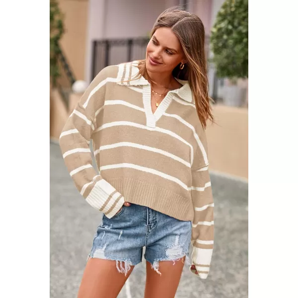 imagePRETTYGARDEN Womens Pullover Striped Sweaters Casual Lapel V Neck Long Sleeve Ribbed Knit Loose Jumper TopLight Khaki
