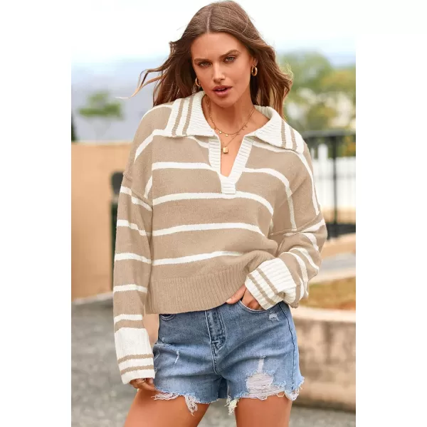 imagePRETTYGARDEN Womens Pullover Striped Sweaters Casual Lapel V Neck Long Sleeve Ribbed Knit Loose Jumper TopLight Khaki