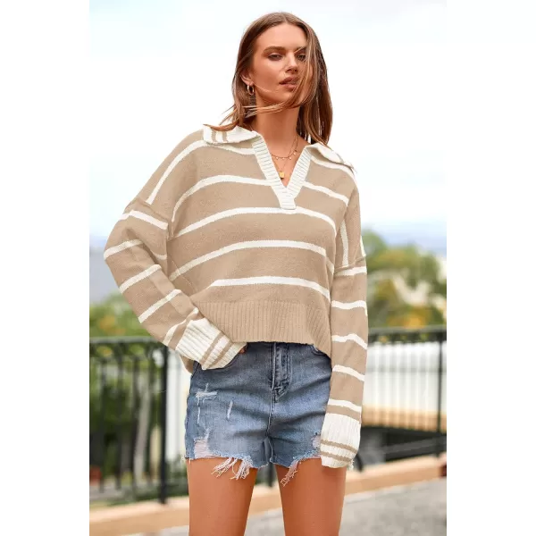 imagePRETTYGARDEN Womens Pullover Striped Sweaters Casual Lapel V Neck Long Sleeve Ribbed Knit Loose Jumper TopLight Khaki