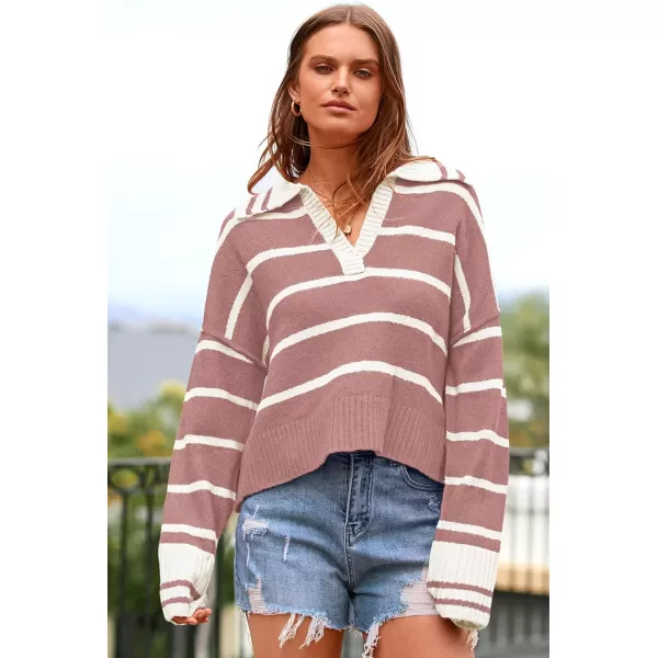 imagePRETTYGARDEN Womens Pullover Striped Sweaters Casual Lapel V Neck Long Sleeve Ribbed Knit Loose Jumper TopPink