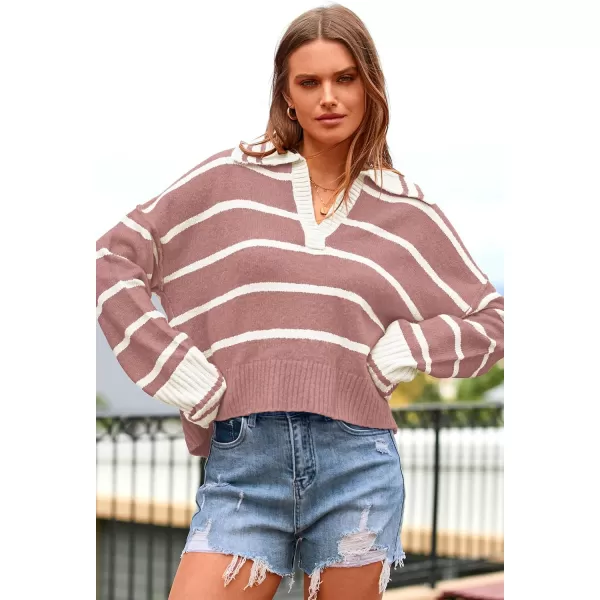 imagePRETTYGARDEN Womens Pullover Striped Sweaters Casual Lapel V Neck Long Sleeve Ribbed Knit Loose Jumper TopPink
