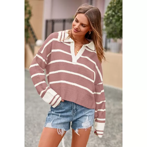 imagePRETTYGARDEN Womens Pullover Striped Sweaters Casual Lapel V Neck Long Sleeve Ribbed Knit Loose Jumper TopPink