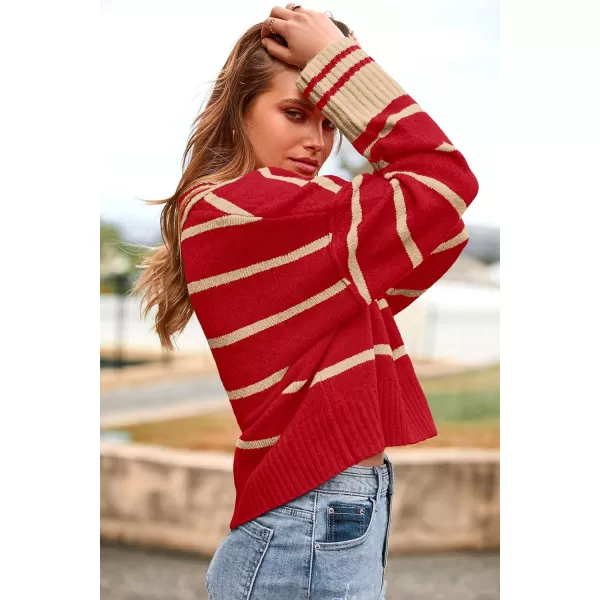 imagePRETTYGARDEN Womens Pullover Striped Sweaters Casual Lapel V Neck Long Sleeve Ribbed Knit Loose Jumper TopRed