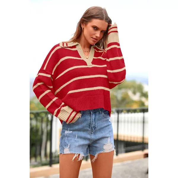 imagePRETTYGARDEN Womens Pullover Striped Sweaters Casual Lapel V Neck Long Sleeve Ribbed Knit Loose Jumper TopRed