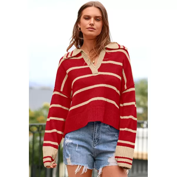 imagePRETTYGARDEN Womens Pullover Striped Sweaters Casual Lapel V Neck Long Sleeve Ribbed Knit Loose Jumper TopRed