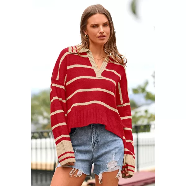 imagePRETTYGARDEN Womens Pullover Striped Sweaters Casual Lapel V Neck Long Sleeve Ribbed Knit Loose Jumper TopRed