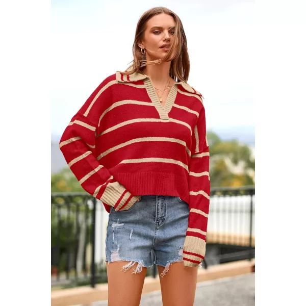 imagePRETTYGARDEN Womens Pullover Striped Sweaters Casual Lapel V Neck Long Sleeve Ribbed Knit Loose Jumper TopRed